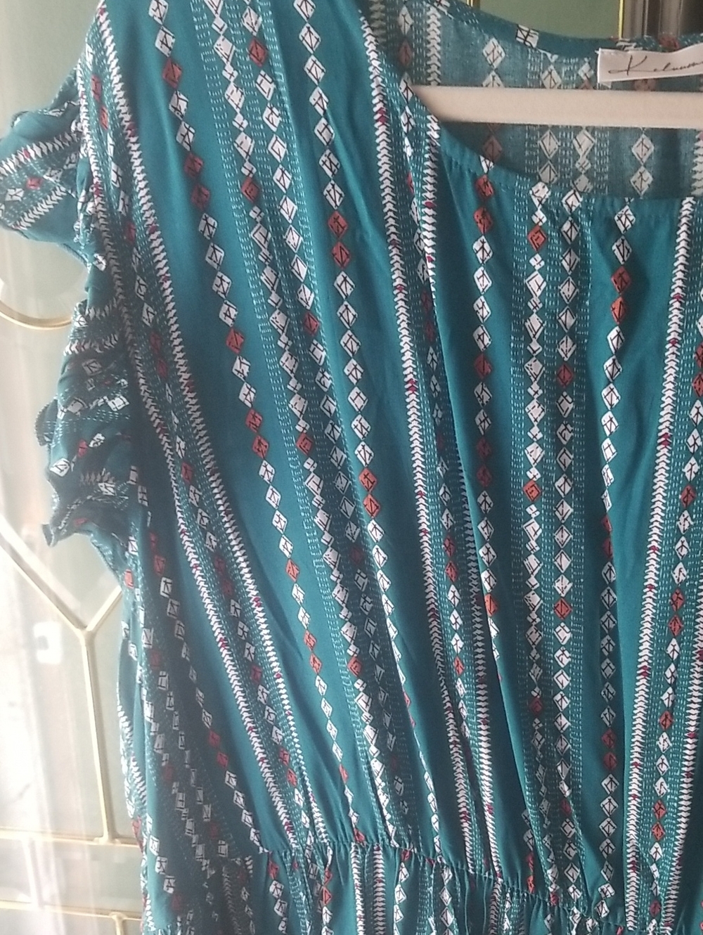 Teal Patterned Ruffle Sleeve Dress - Picture 3 of 11